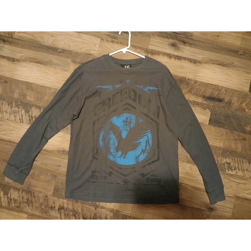 XG Men's Y2K Thermal Shirt Brown Blue Eagle Graphic Long Sleeve Size Large